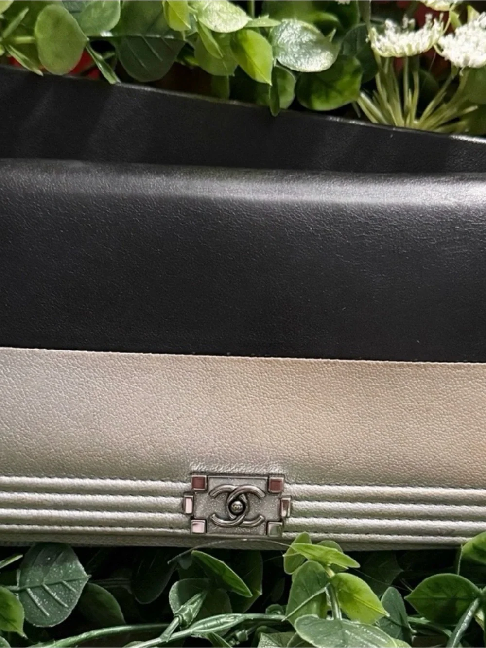 CHANEL Black/Silver Leather Compact Boy Wallet